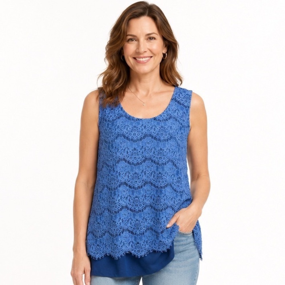 MS Mode Lace Layered Tank Top XL Blue Sleeveless Scalloped Hem Zipper Back